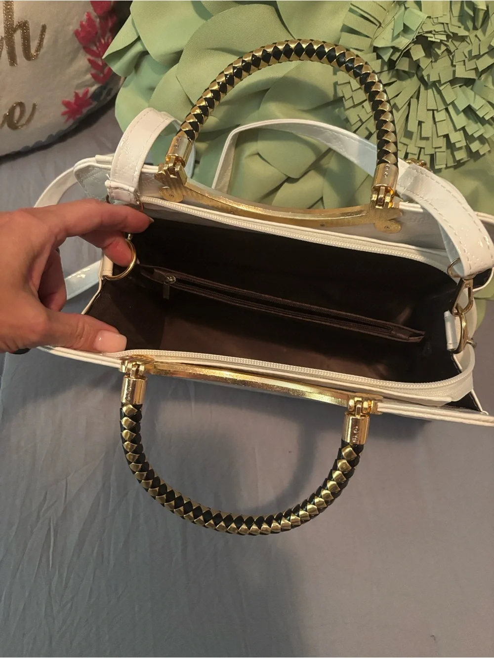 Quilted patent Leather Top-Handle Satchel - White